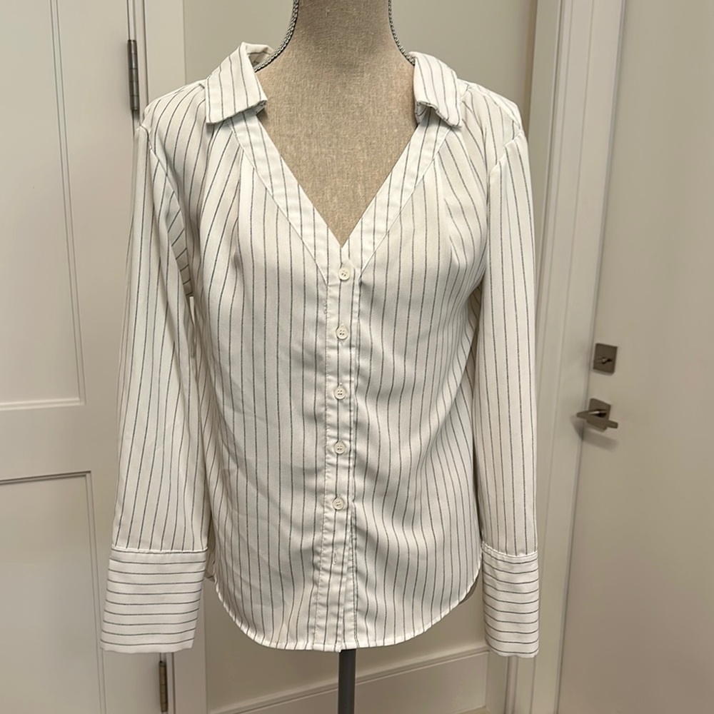 Striped White Button-Up Women's Top